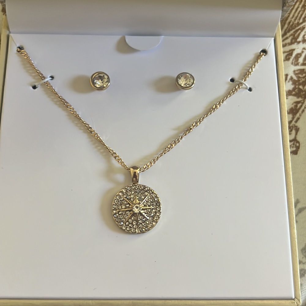 NEW gold tone crystal nautical pendant necklace & studs earrings set 